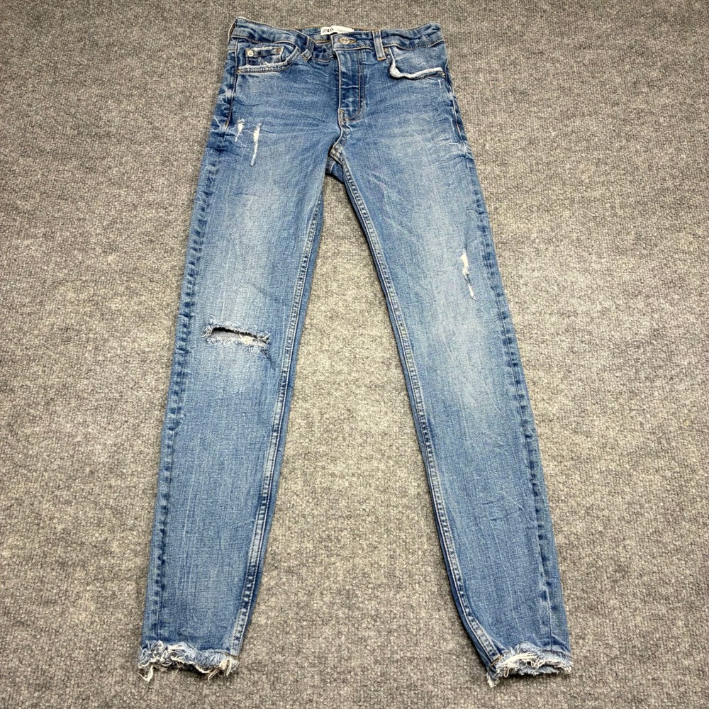 ZARA Womens‎ Blue Denim Distressed Skinny Jeans Frayed Hem Size 4
